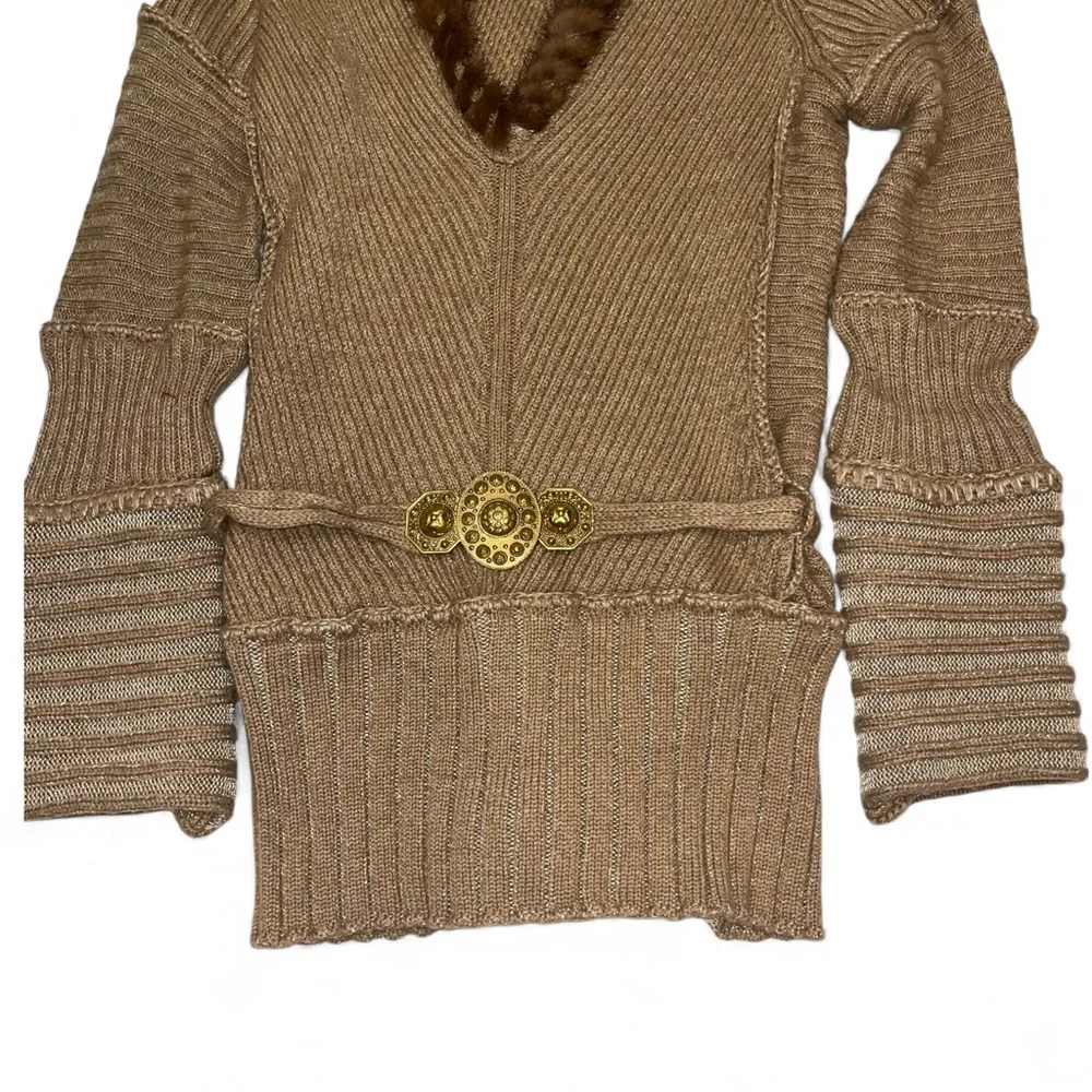 Roberto Cavalli Tan Sweater Camel Hair Belted Medallion V Neck 6 VTG Vintage 🟡